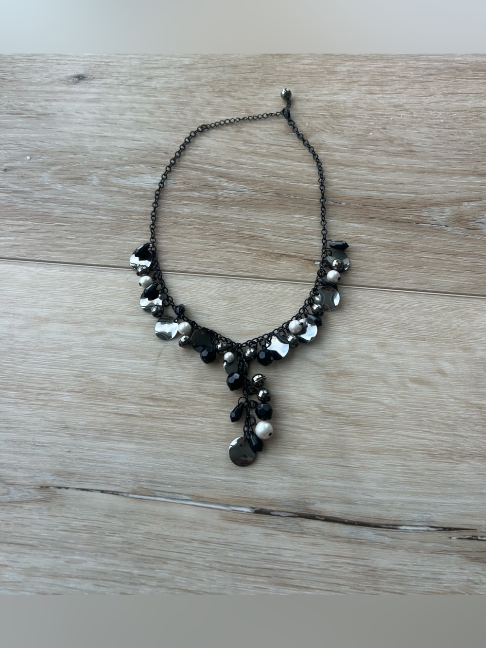Black and Silver faux pearl and disco beadDangle Pendant Necklace